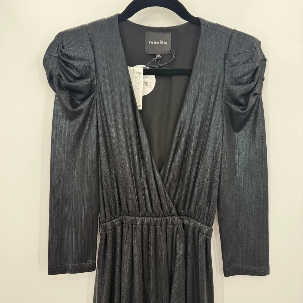 NWT Retrofete Flora Black Maxi Evening Dress Long Sleeve High Slit V-Neck XS - Picture 8 of 16